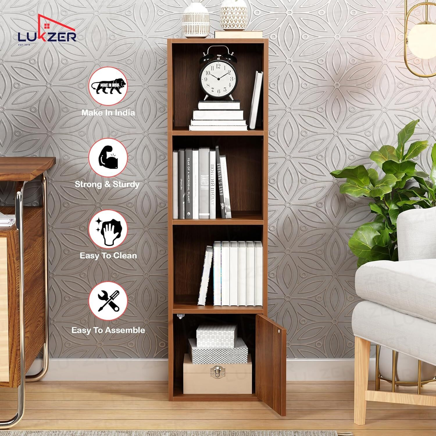 Image of LUKZER 4 Layer Storage Cabinet with Display Rack (MR-023) Engineered Wood Semi-Open Book Shelf