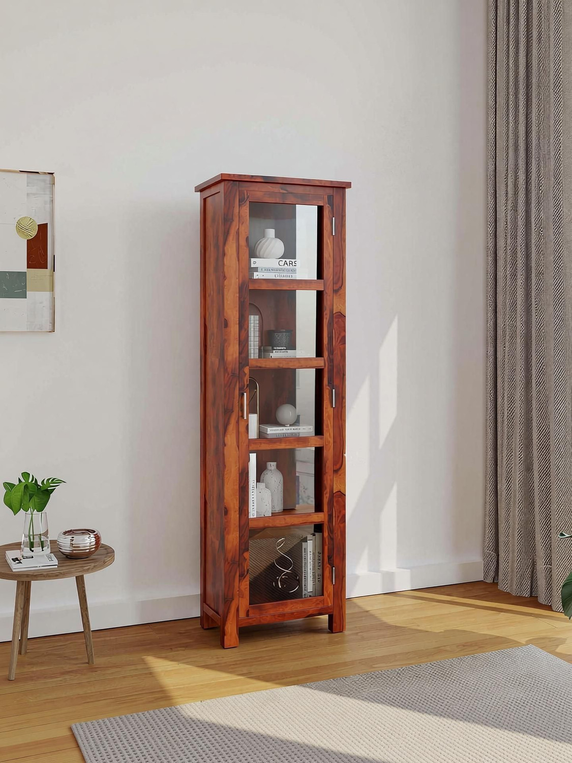Image of WOODSTAGE Solid Wood Cabinet With 1 Glass Door & 5 Shelf Storage For Living Room Home Solid Wood Close Book Shelf