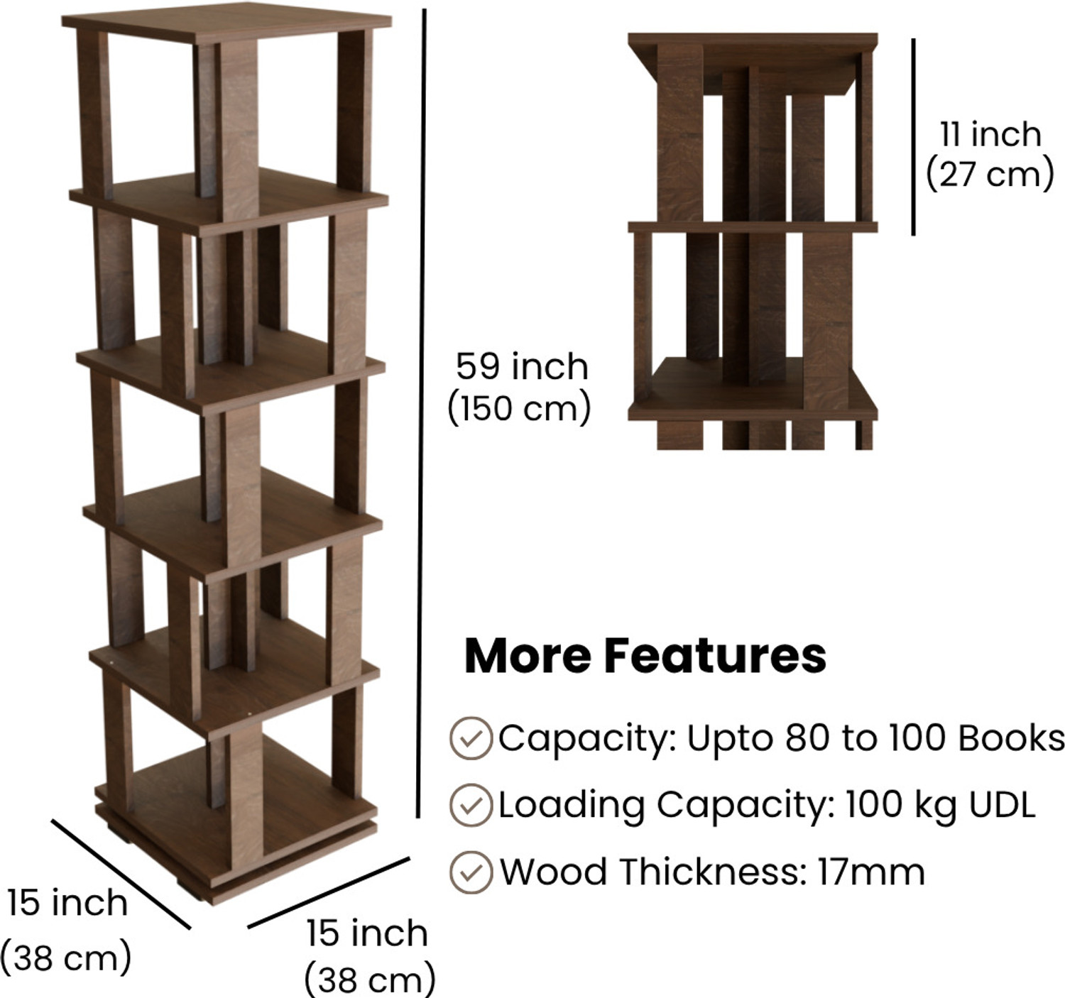 Image of Flipkart Perfect Homes Vela 5 Shelf Revolving Rotating Book Stopper 17mm Thick 150 x 38 x 38 cm Engineered Wood Open Book Shelf