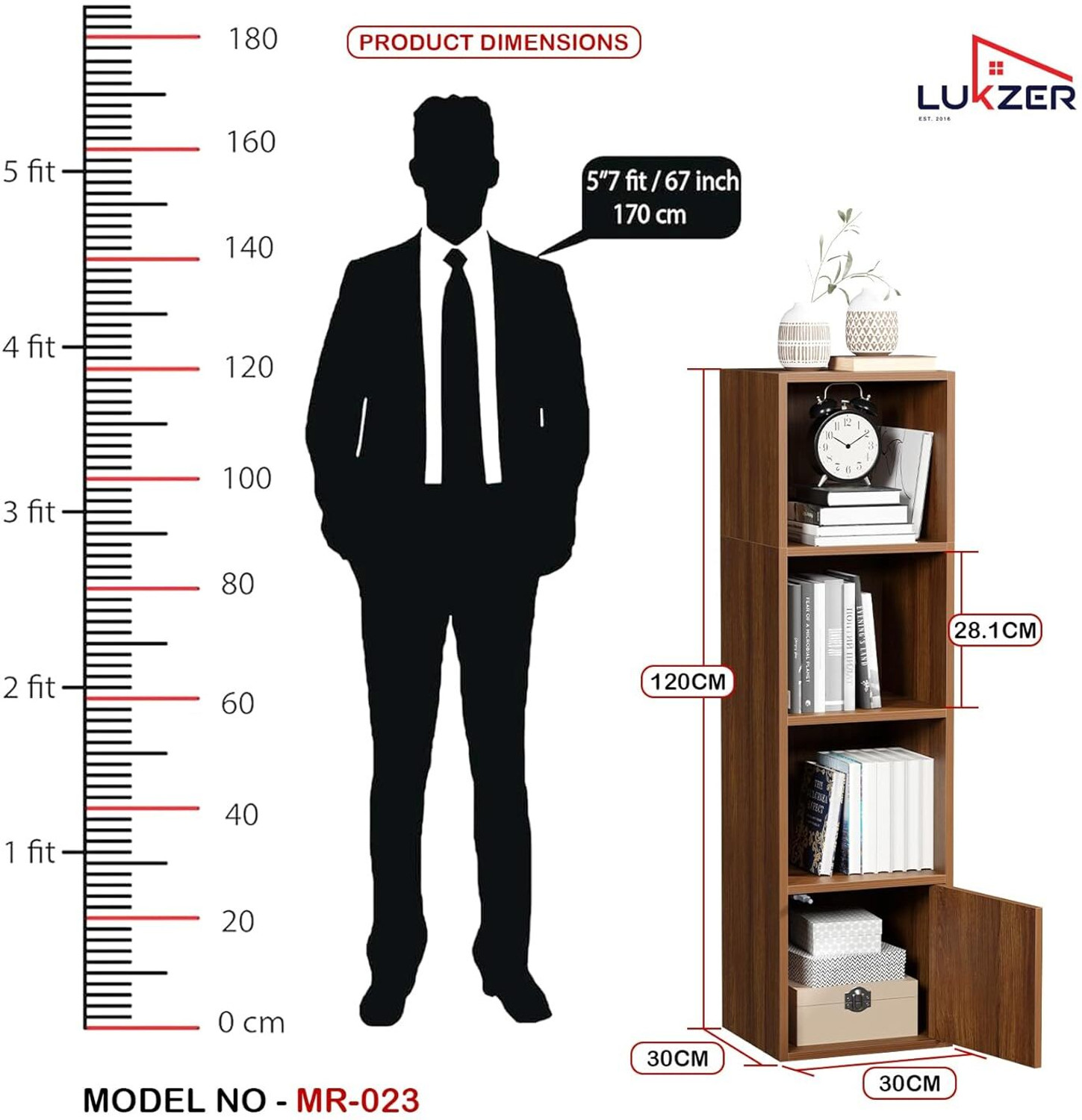Image of LUKZER 4 Layer Storage Cabinet with Display Rack (MR-023) Engineered Wood Semi-Open Book Shelf