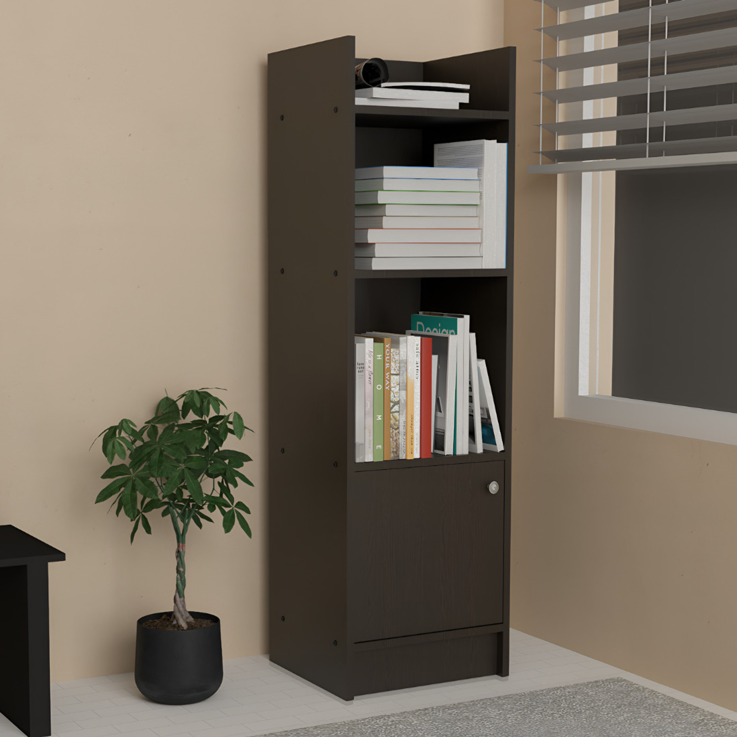 Image of neuspace Phoenix BS 3 Layer Bookshelf with Storage Cabinet | Open Display Book Rack Engineered Wood Semi-Open Book Shelf