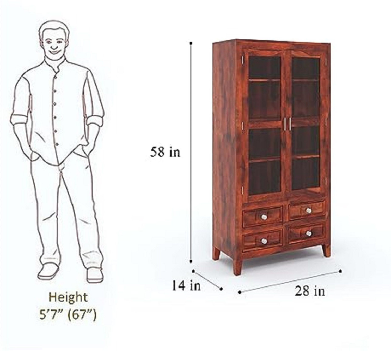Image of WOODSTAGE Solid Wood Cabinet With 2 Glass Door & 4 Drawers Storage For Living Room Home Solid Wood Close Book Shelf
