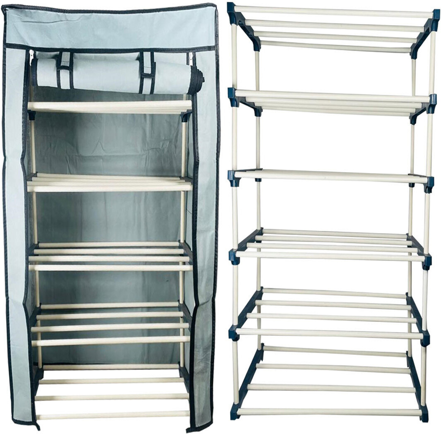 Image of TURBOMAX 5Tiers Book Shelf Plastic Rack With Cover Wardrobe Portable Multipurpose Folding Plastic Open Book Shelf