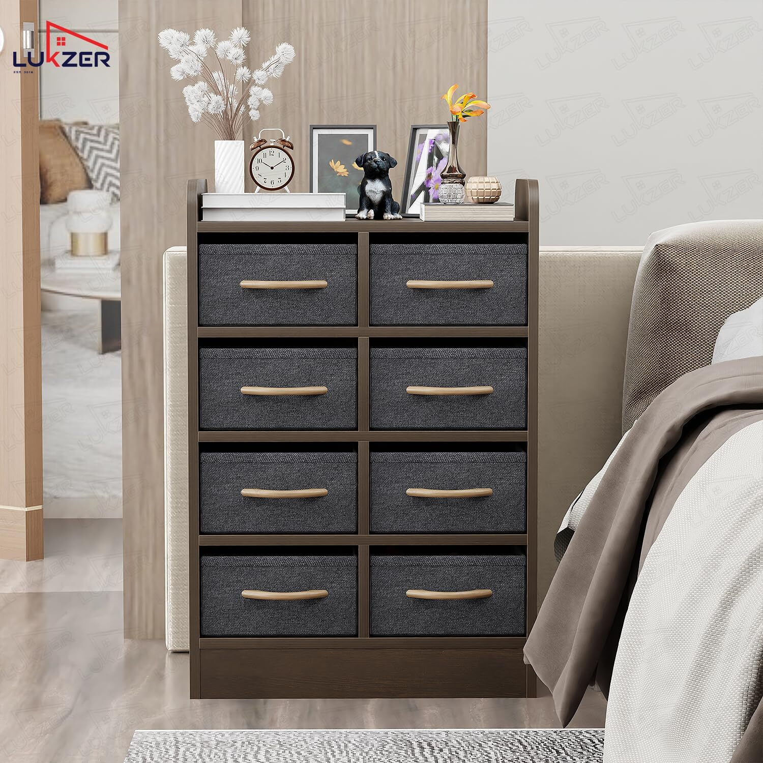 Image of LUKZER 8 Drawer Storage Organizer Cabinet with Fabric Bins (MR-028) Engineered Wood Close Book Shelf