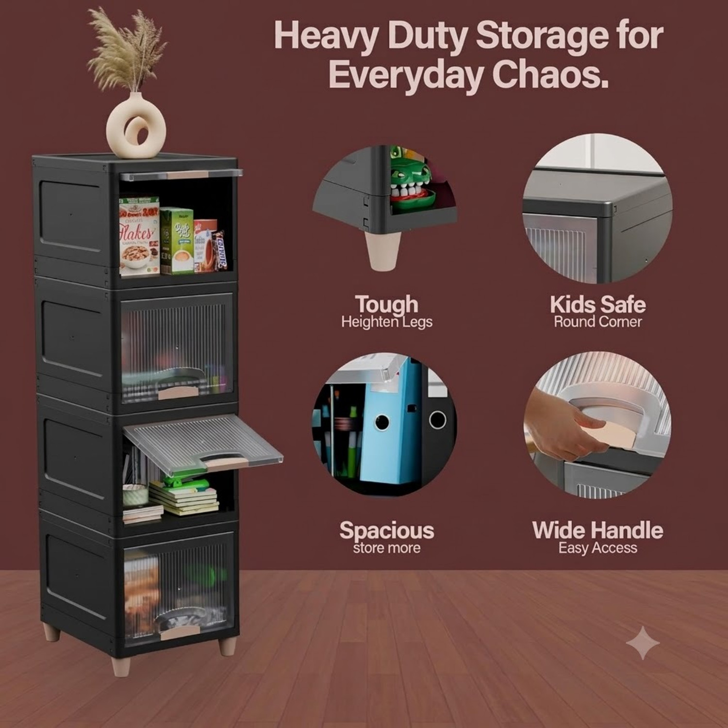 Image of Sumoware 4 Layer Foldable Plastic Storage Cabinet with Transparent Doors for Books, Plastic Free Standing Cabinet