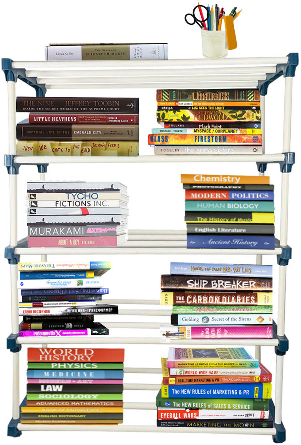 Image of TURBOMAX 4Tiers Book Shelf Plastic Rack With Cover Wardrobe Portable Multipurpose Folding Plastic Open Book Shelf