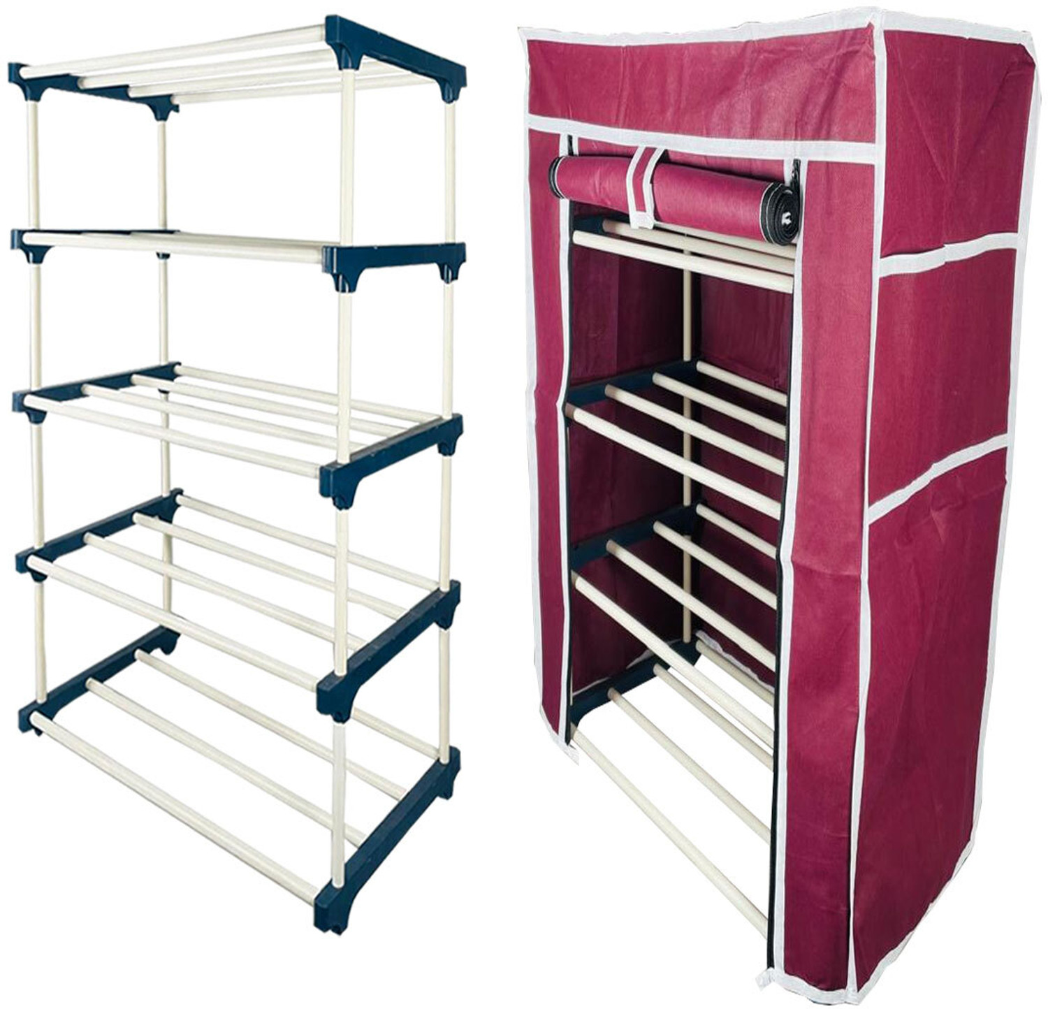 Image of TURBOMAX 4Tiers Book Shelf Plastic Rack With Cover Wardrobe Portable Multipurpose Folding Plastic Open Book Shelf