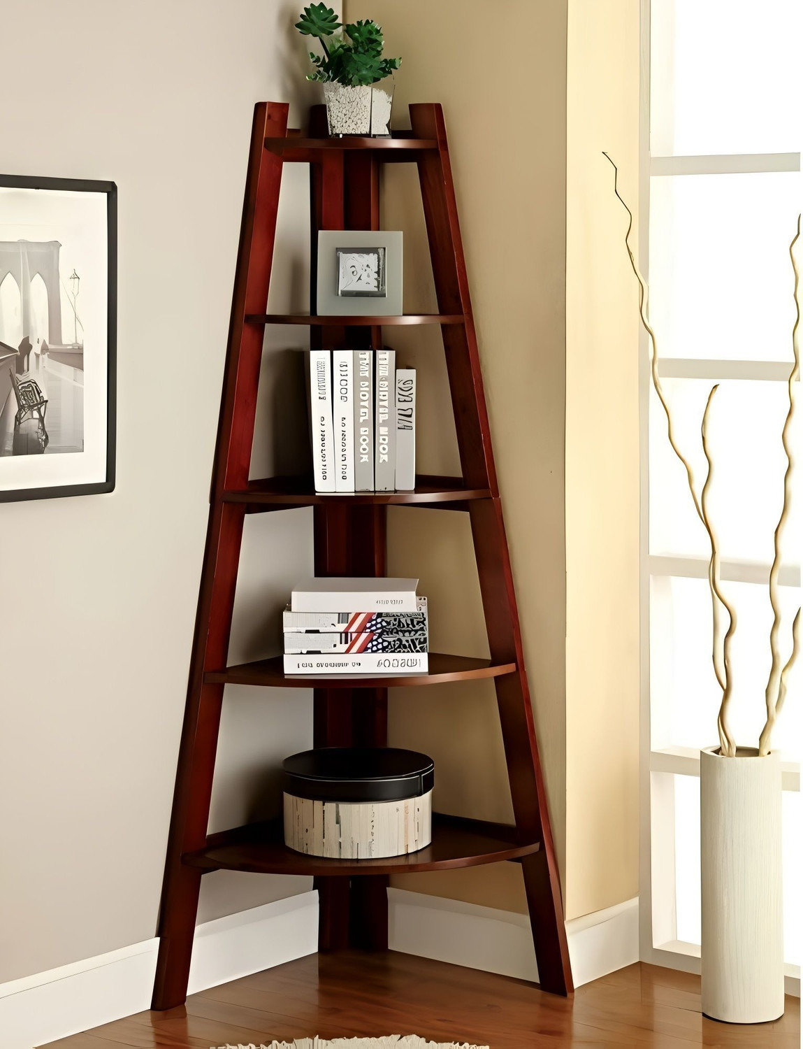 Image of Shree Jeen Mata Enterprises ForestEdge Solid Wood Corner Shelf | Wooden Book Shelf | Sheesham Wood 5 Shelf | Solid Wood Open Book Shelf