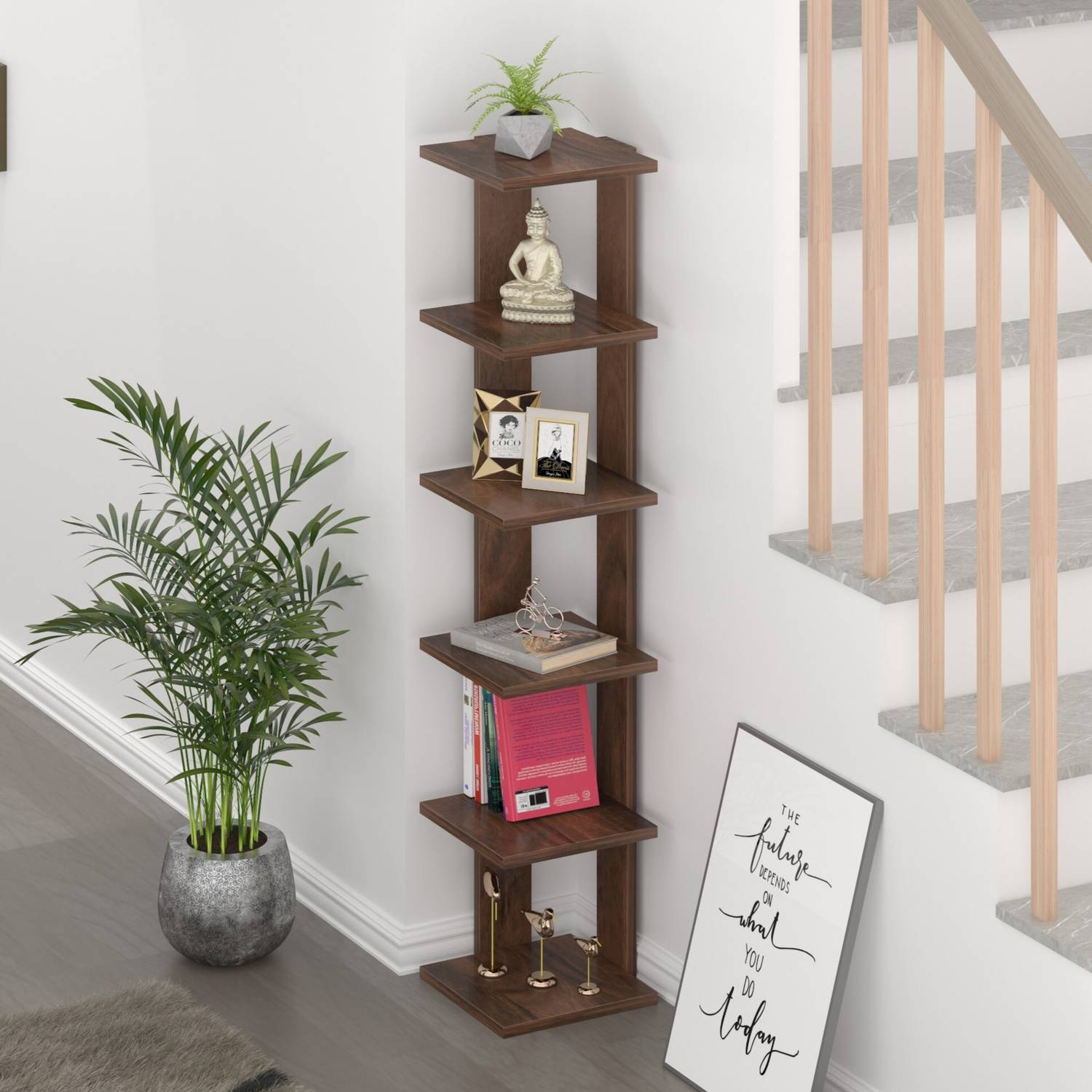 BLUEWUD Braine Wall Decor Shelf Display Rack Decorative Hall Décor for Living room Engineered Wood Semi-Open Book Shelf