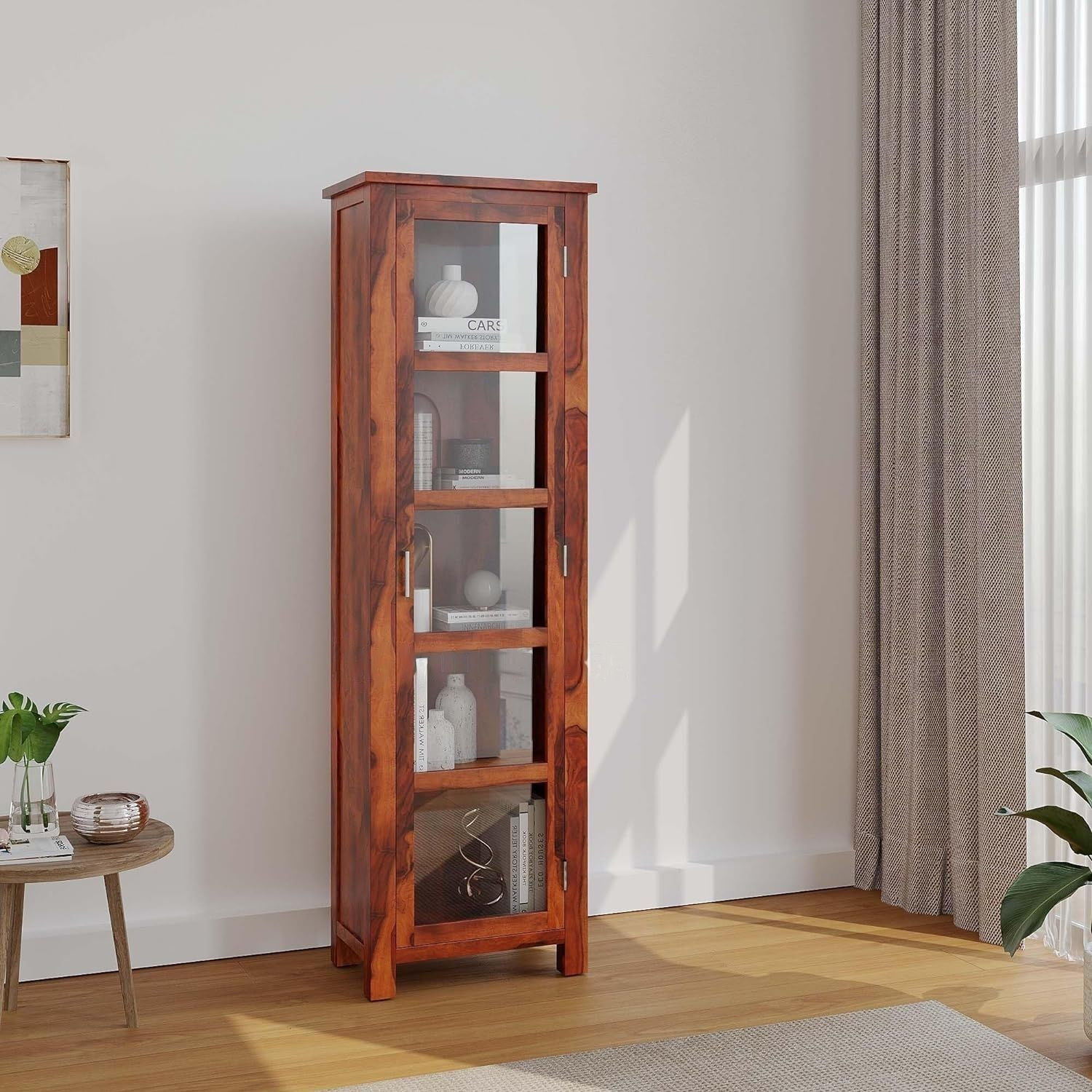 Image of WOODSTAGE Solid Wood Cabinet With 1 Glass Door & 5 Shelf Storage For Living Room Home Solid Wood Close Book Shelf