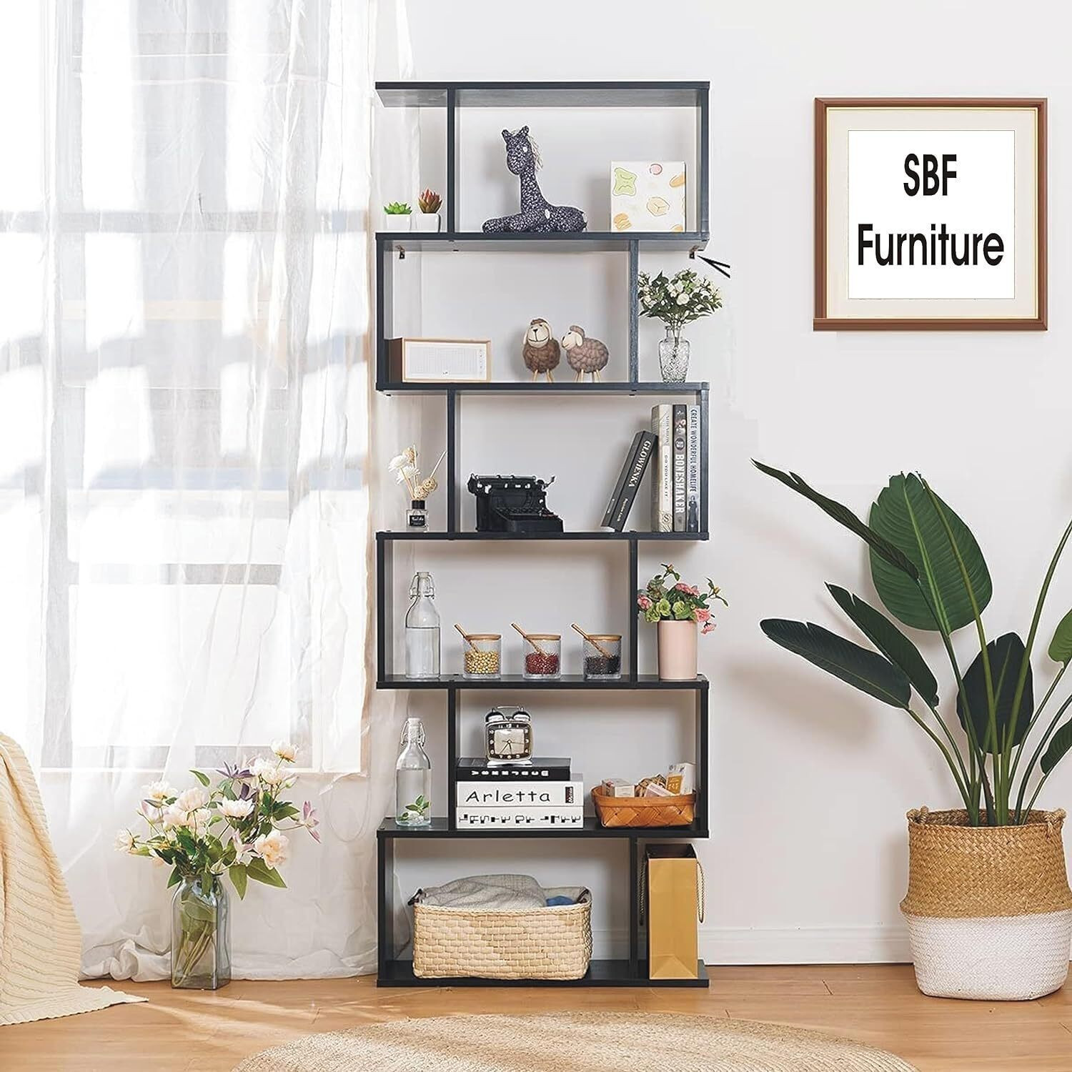 Image of KVS Furniture 6 Layer Ladder Bookshelf S Shape Engineered Wood Bookcase Engineered Wood Open Book Shelf
