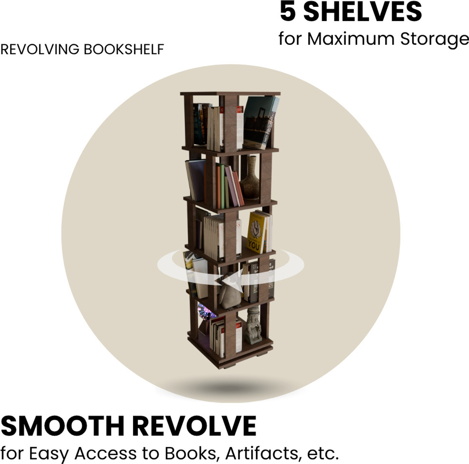 Image of Flipkart Perfect Homes Vela 5 Shelf Revolving Rotating Book Stopper 17mm Thick 150 x 38 x 38 cm Engineered Wood Open Book Shelf