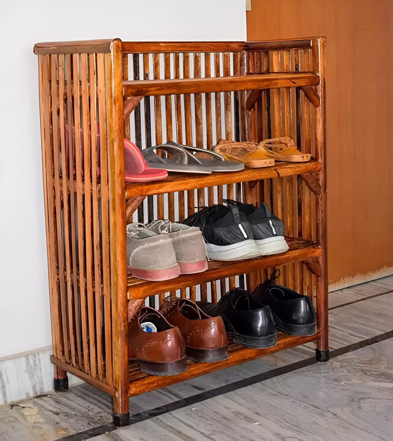 Image of Bamboo 4 Tier Shoe Rack Collapsible Multipurpose Kitchen Space Saving Wooden Stand Bamboo Open Book Shelf