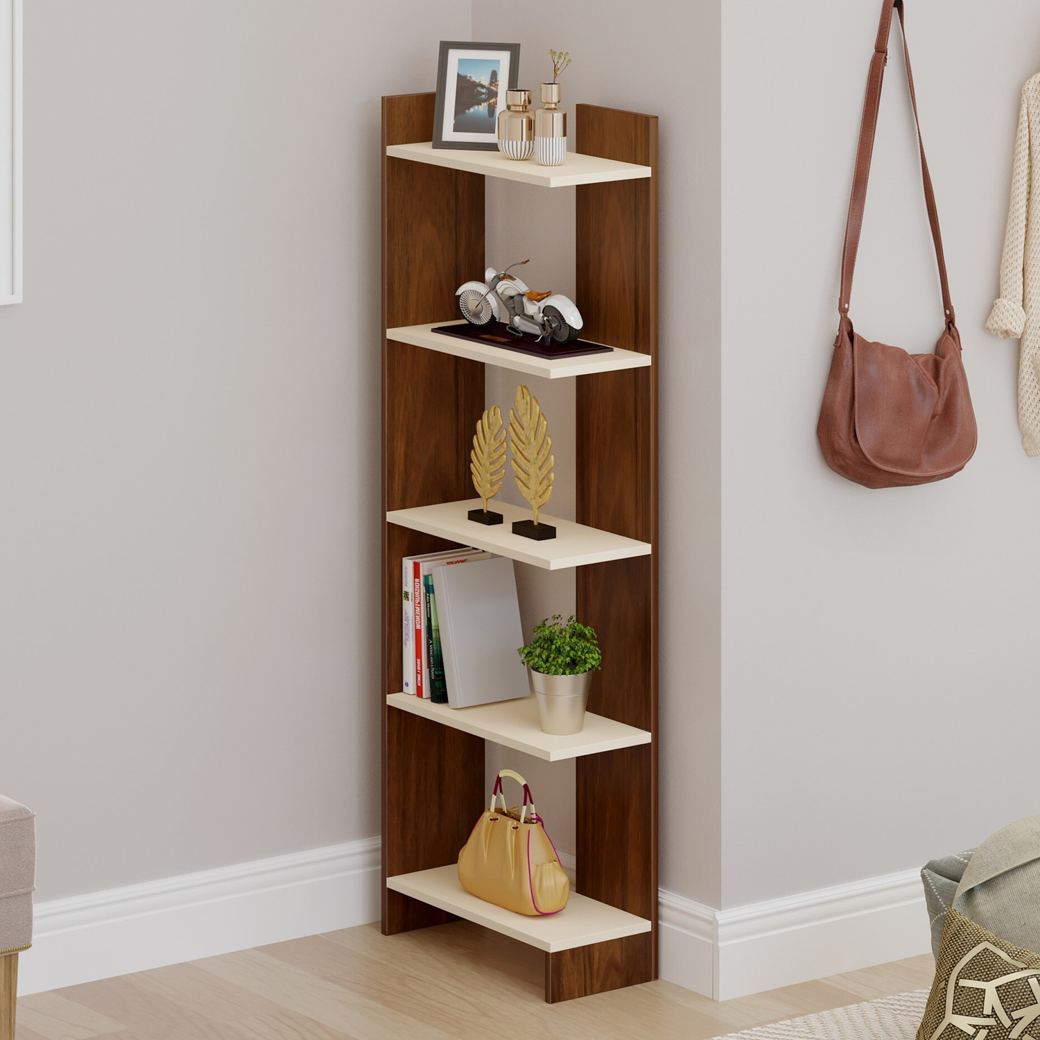 Image of BLUEWUD Lagoon Book Rack Organiser With Storage Shelves for Study Living Room Home Engineered Wood Open Book Shelf