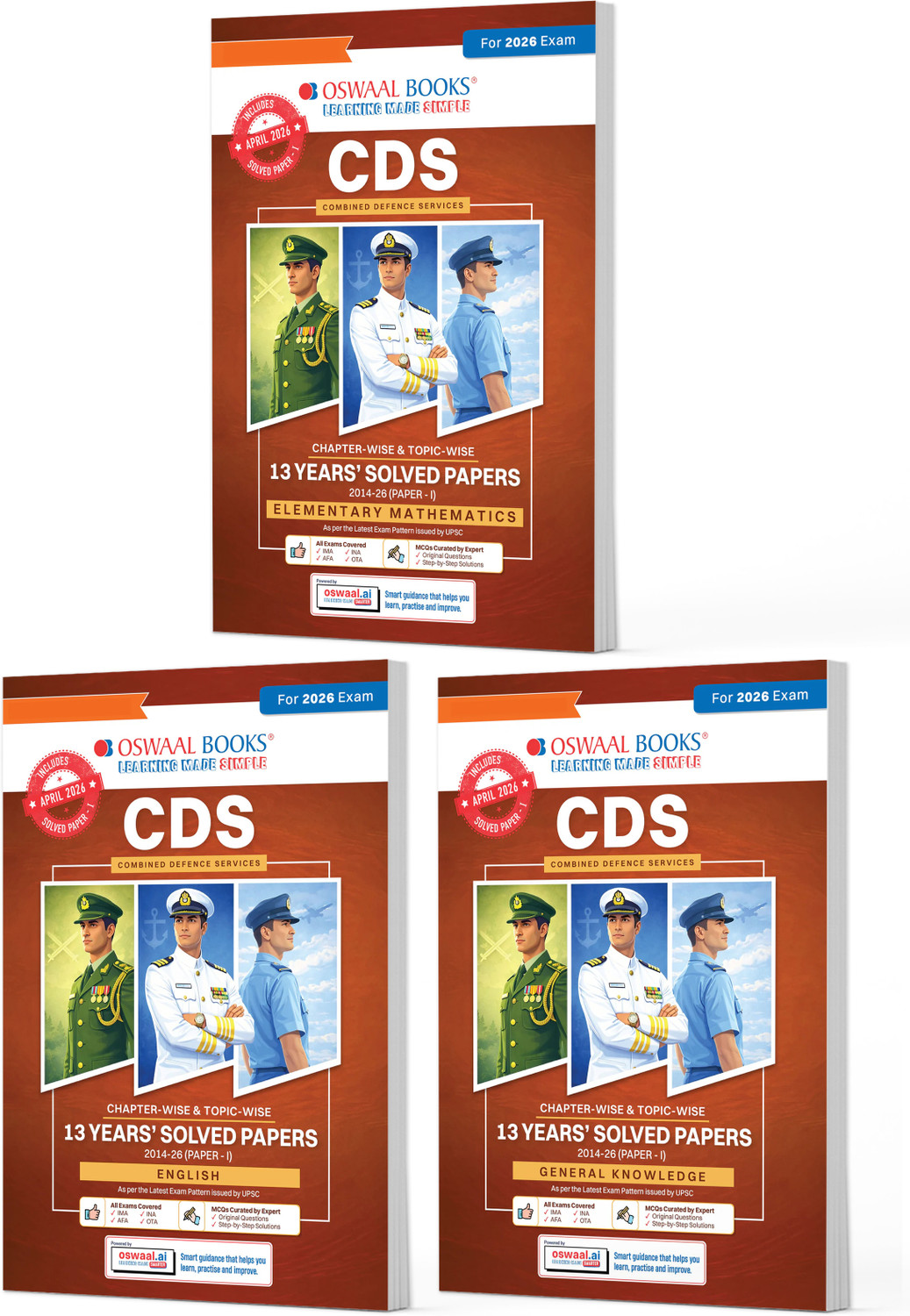 Image of CDS Maths, English & General Knowledge 13 Years' Chapter-wise & Topic-wise Solved Papers English Medium Set of 3 | 2014-2026 | Includes 2026 Paper-I | With Oswaal AI | For 2026-27 Exams