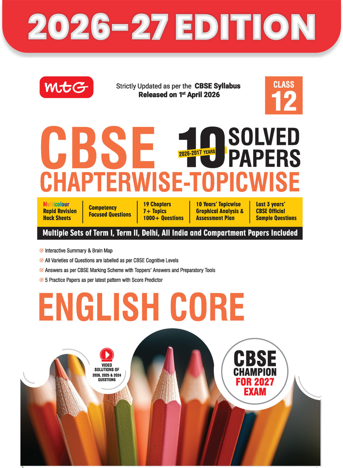 Image of MTG CBSE Class 12 PYQs Book | 10 Years (2025-2016) Chapterwise Topicwise Solved Papers Class 12 English Core - CBSE Champion For 2026 Exam | Free Video Solution of PYQs | CBSE Sample Papers (As Per Pattern)