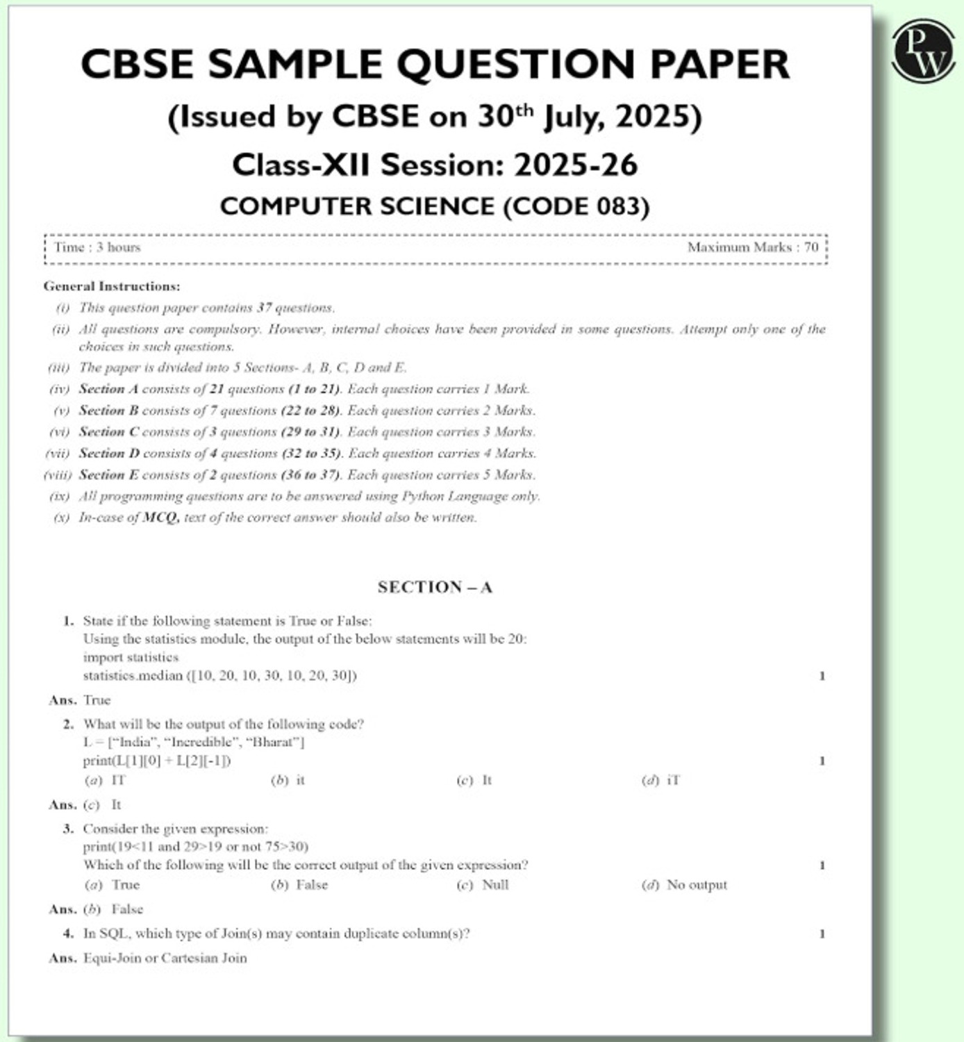Image of PW CBSE 11 Sample Question Papers Class 12 Computer Science For 2026 Board Exam