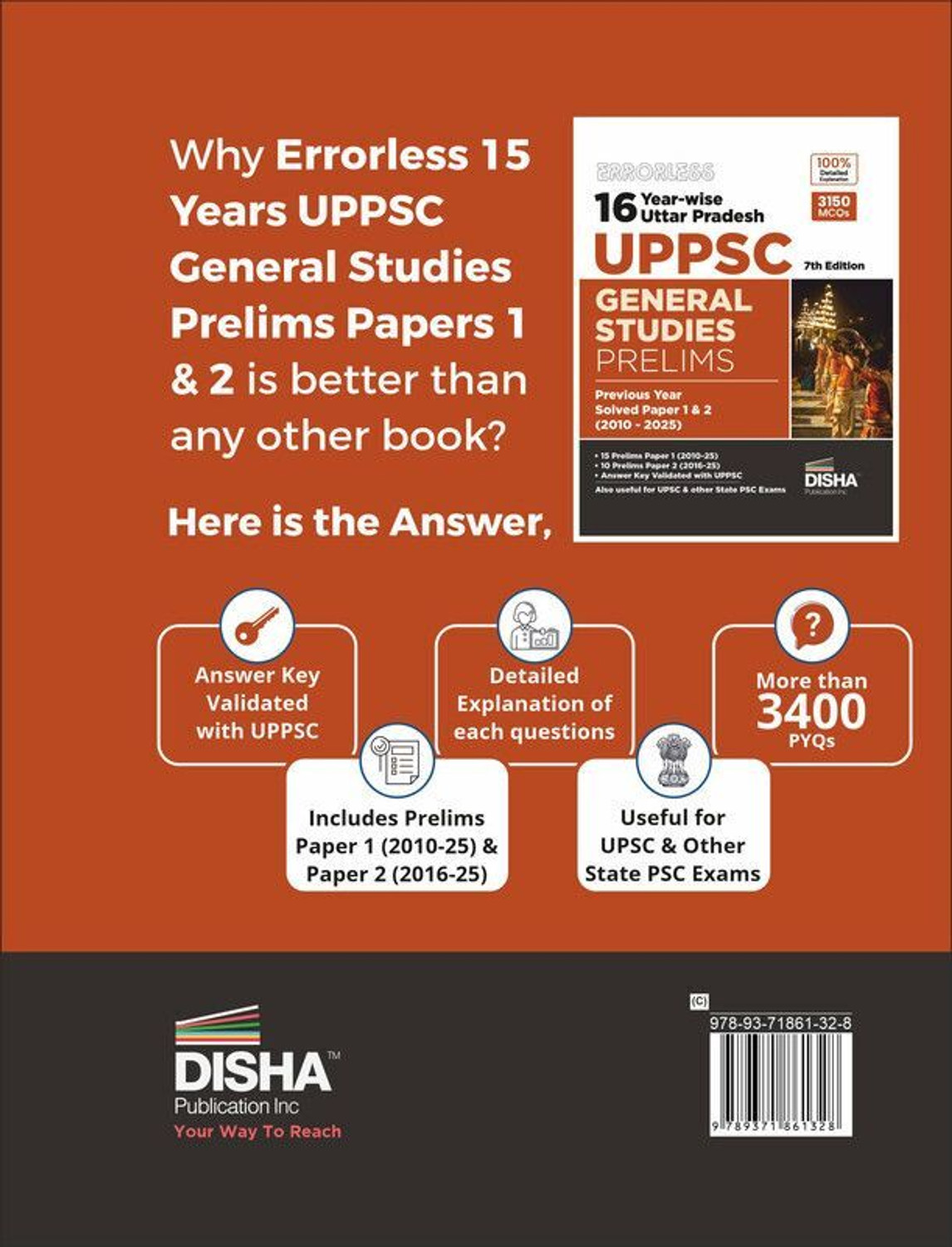 Image of Disha Errorless 16 Year-wise Uttar Pradesh UPPSC General Studies Prelims Previous Year Solved Papers 1 & 2 (2010 - 25) 7th Edition | UPPCS PYQs Question Bank
