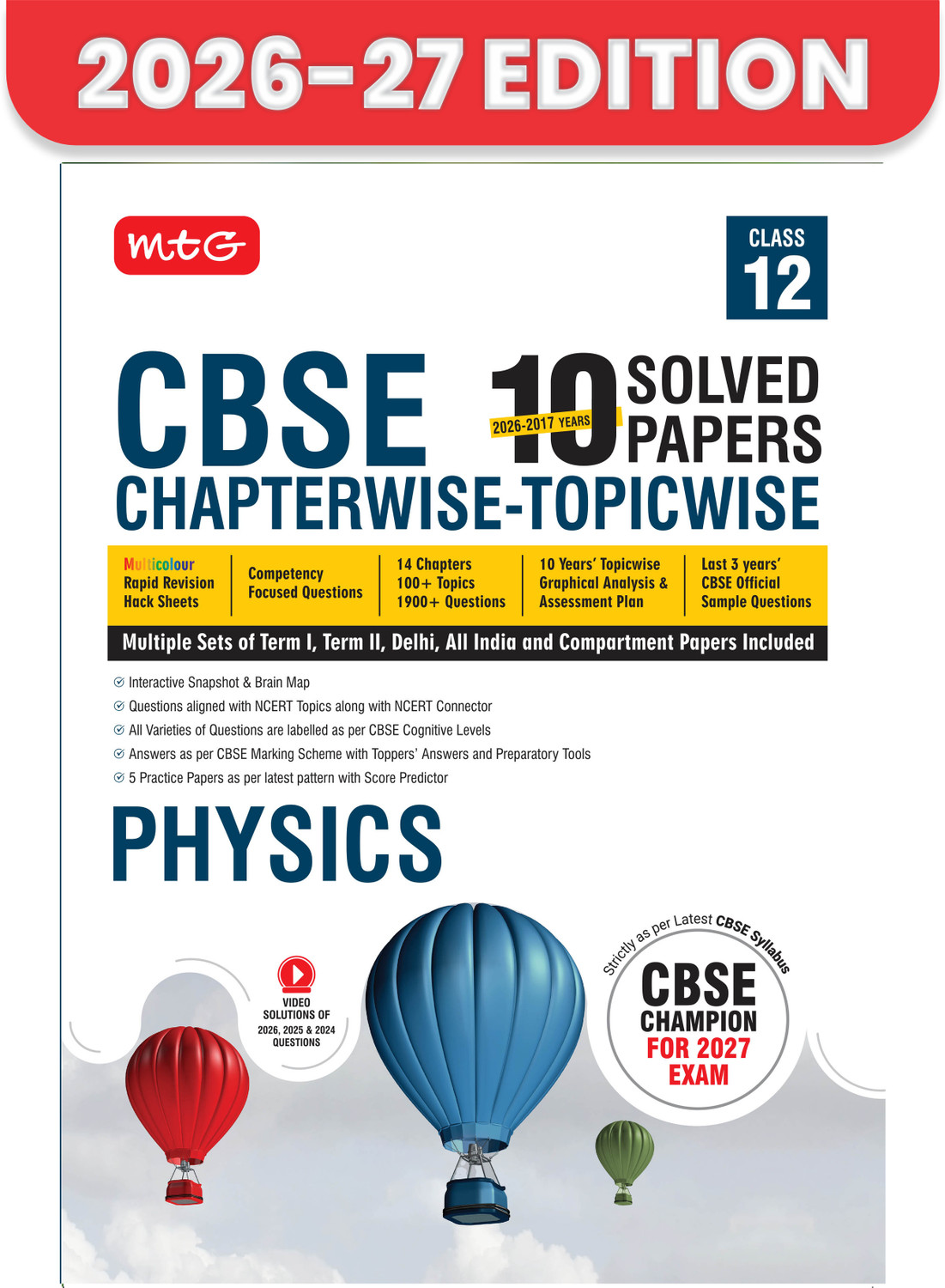 Image of MTG CBSE Class 12 PYQs Book | 10 Years (2026-2017) Chapterwise Topicwise Solved Papers Class 12 Physics - CBSE Champion For 2027 Exam