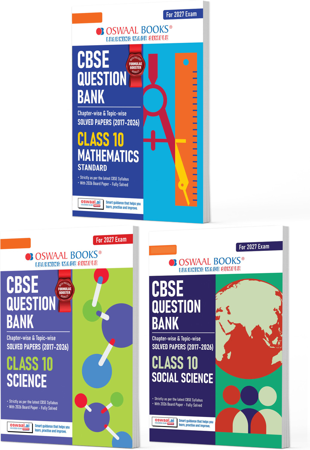 Image of Oswaal CBSE Question Bank Maths Standard, Science & Social Science (Set of 3 Books) For Class 10 Chapterwise and Topicwise SOLVED PAPERS With Mind Maps & Revision Notes For 2027 Exam