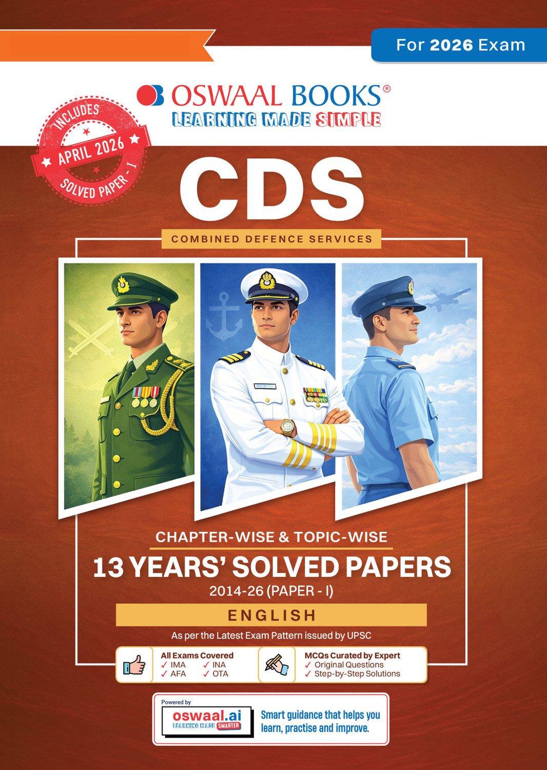 Image of CDS English 13 Years' Chapter-wise & Topic-wise Solved Papers English Medium | 2014-2026 | Includes 2026 Paper-I | 2100+ Questions | With Oswaal AI | For 2026-27 Exams