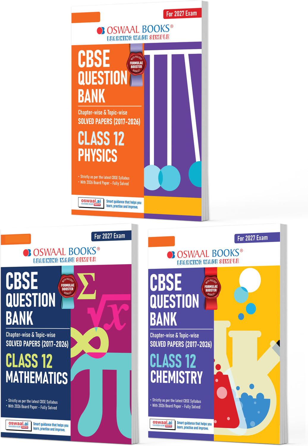 Image of CBSE Question Bank for Class 12 Physics, Chemistry & Maths (Set of 3) Chapter & Topic-wise: Solved Papers (2017-2026) | Includes 2026 solved Papers | With oswaal.ai | For 2027 Exam