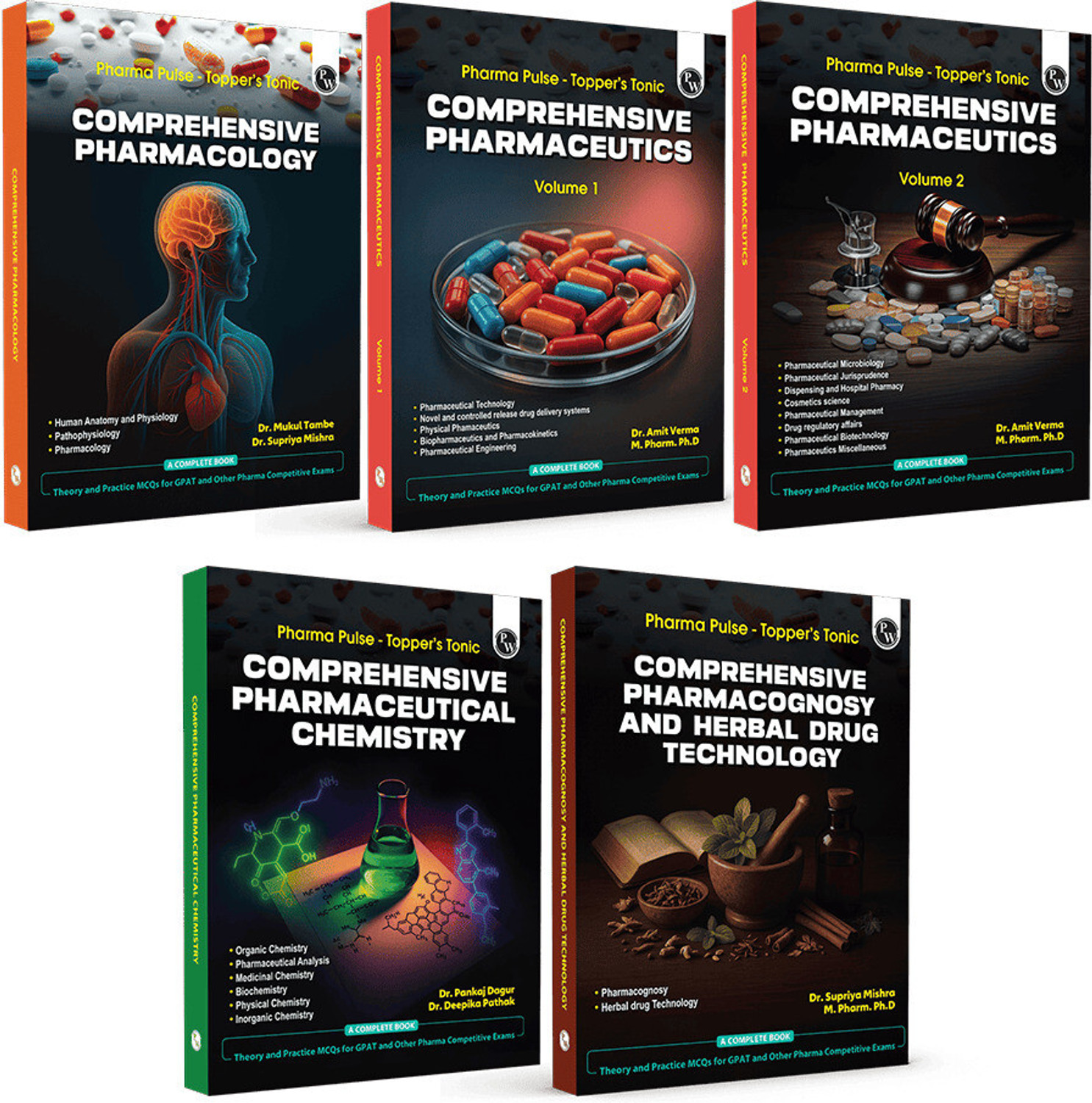 Image of PW Pharma Pulse - Topper's Tonic Comprehensive Pharmaceutical Chemistry, Pharmaceutics Vol 1 & Vol 2, Pharmacology, Pharmacognosy and Herbal Drug Technology Combo Set of 5 Books