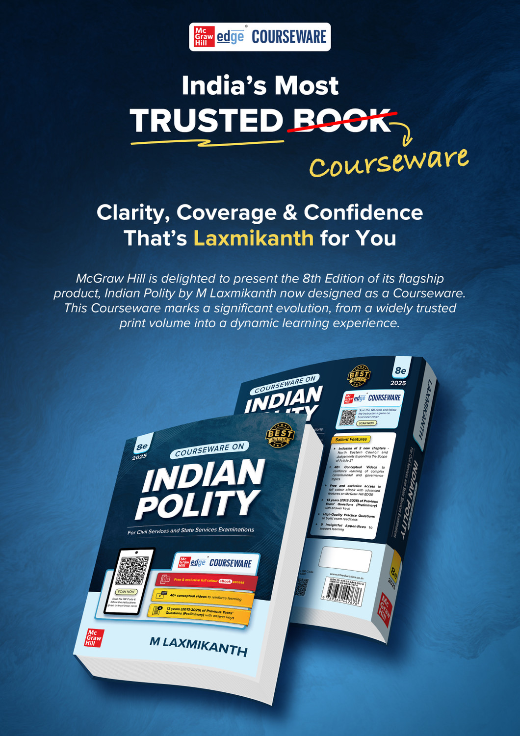 Image of Indian Polity Courseware (English), 8e by M Laxmikanth for UPSC 2026 | 40+ Conceptual Videos | Colour eBook | Solved 13 Years Prelims PYQs (2013-25) | 12 Years Main Exam Questions | Practice Questions