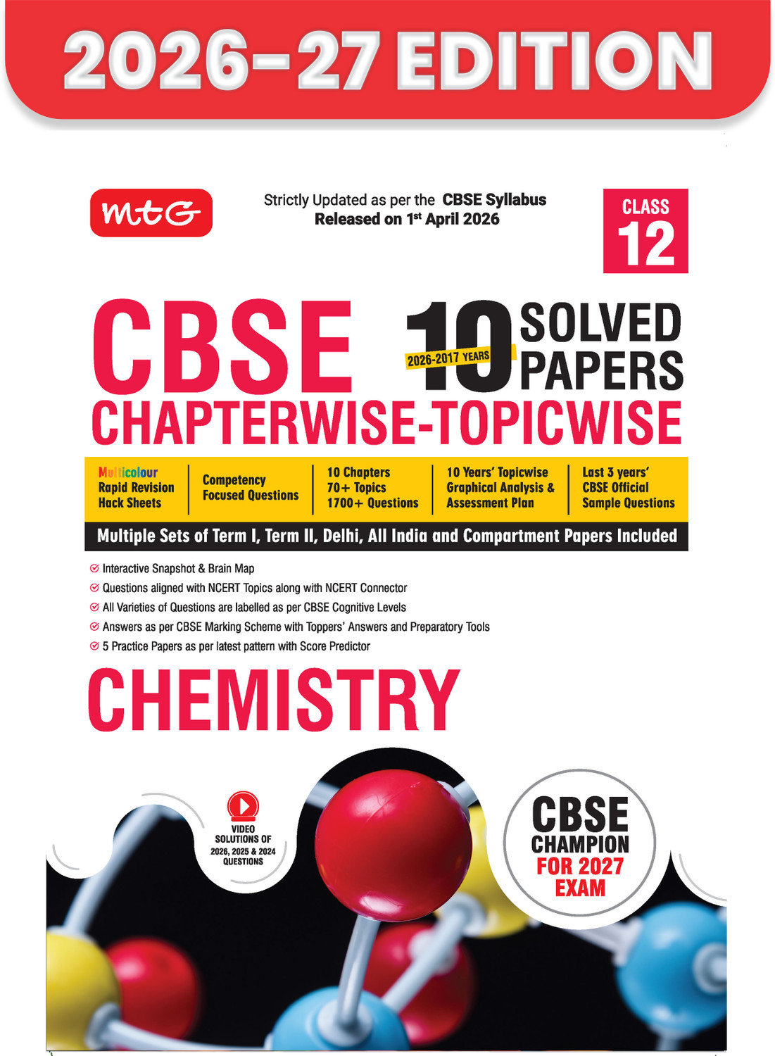 Image of MTG CBSE Class 12 PYQs Book 10 Years (2026-2017) Chapterwise Topicwise Solved Papers Class 12 Chemistry - CBSE Champion For 2027 Exam Free Video Solution of PYQs CBSE Sample Papers (As Per Pattern)