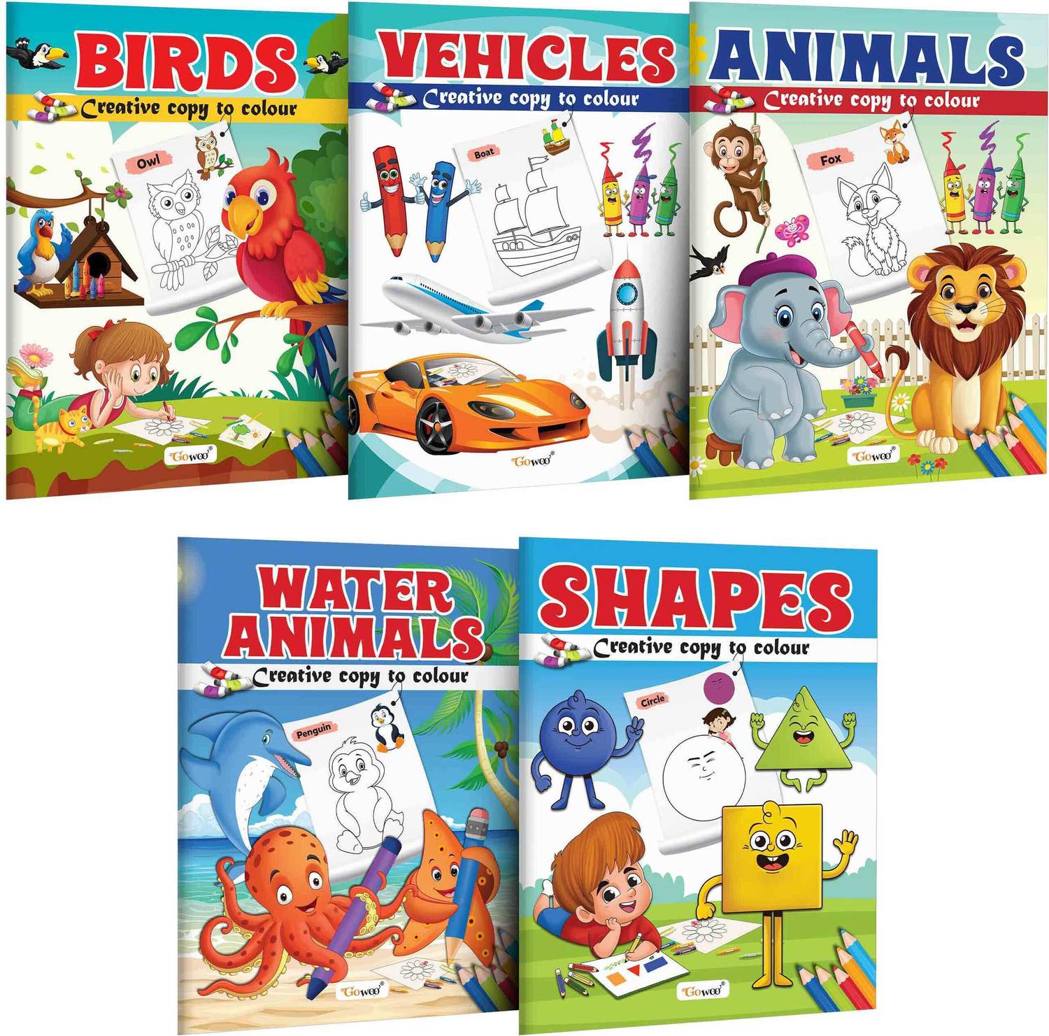 Birds, Vehicle, Animals, Water Animals and Shapes - Creative Copy to Colour book : Early Learning Coloring Book, Copy Color Books, Fun Coloring Book for Toddlers for Ages 3-12 | Combo of 5 Copy Colouring books