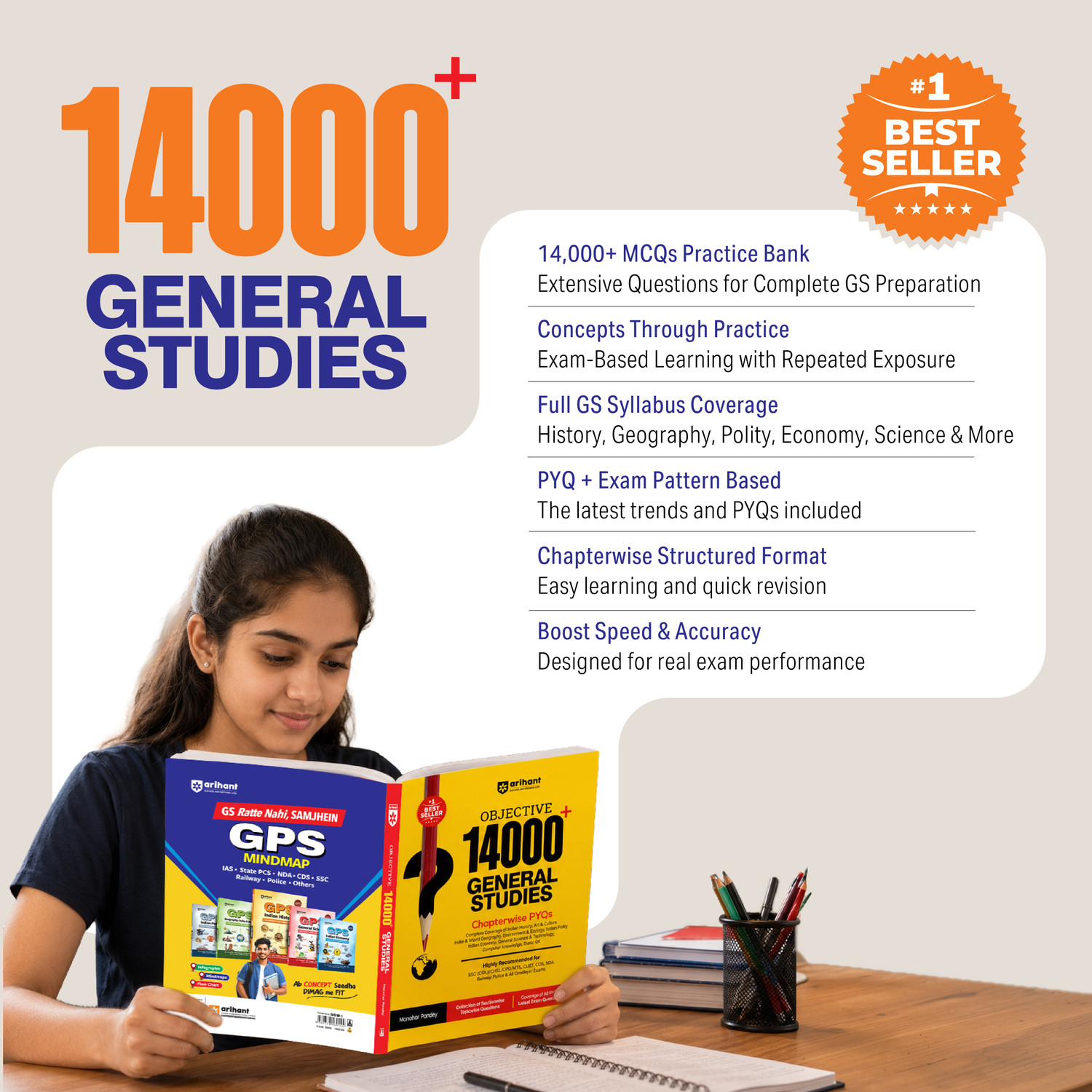 Image of Arihant Objective 14000+ General Studies Chapterwise PYQs | Complete Coverage of History, Polity, Geography, Economy, Science & Static GK |for SSC, Railway, NDA, CDS & All Competitive Exams