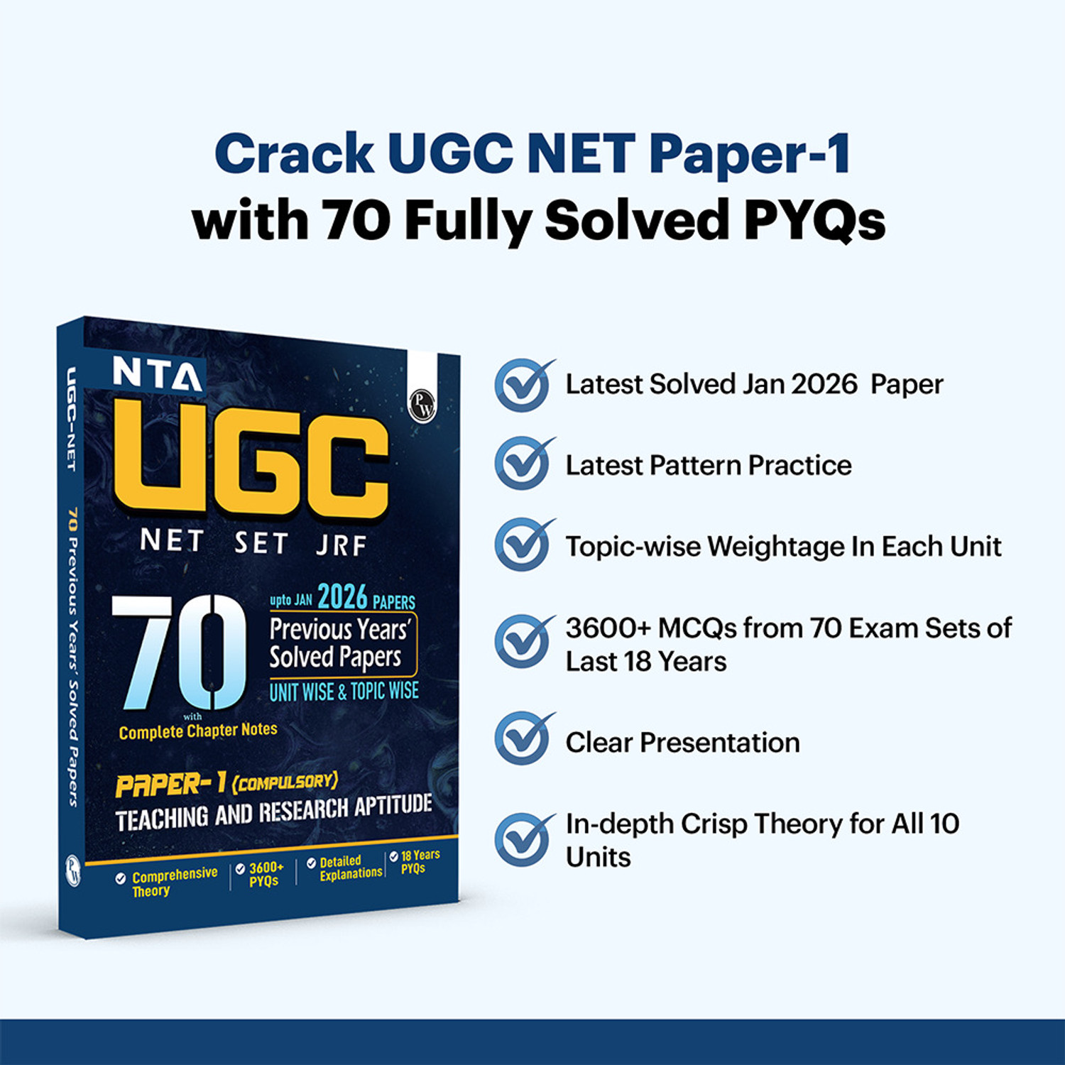 Image of PW NTA 70 UGC NET Paper 1 Previous Year Solved Papers with Complete Chapter Notes