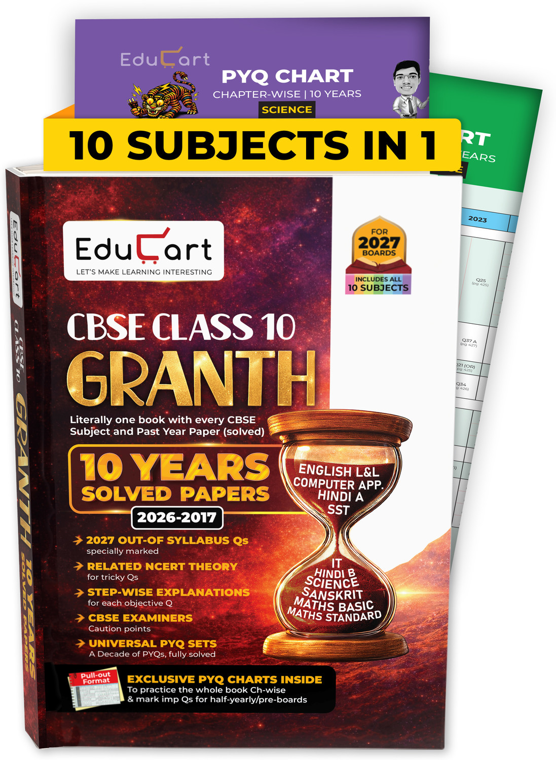 Image of (10 subjects in 1) Educart Granth CBSE Class 10 Previous 10 Year Solved Papers 2027 - with PYQ Charts (Mathematics Standard & Basic, Social Science, Science, Hindi A & B, English, Computer Applications, IT and Sanskrit)