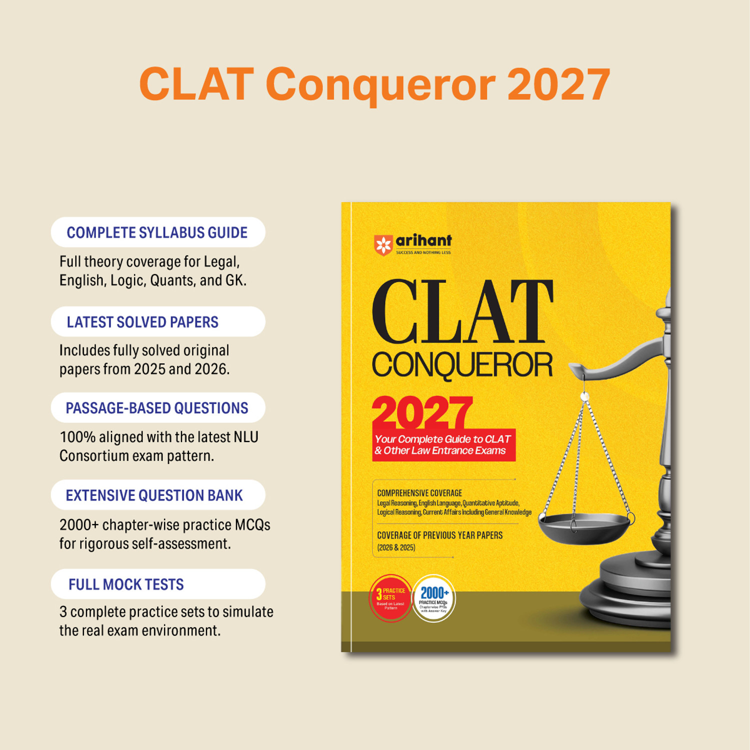 Image of Arihant CLAT Conqueror 2027 | Complete Guide for CLAT & Law Entrance Exams | Chapterwise MCQs with Solutions, PYQs (2026 & 2025), 2000+ Questions & 3 Mock Tests