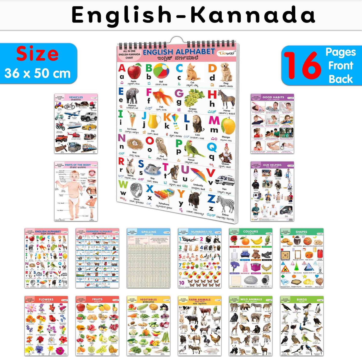 Children's educational Chart collection : ALL IN ONE SPIRAL CHART ENGLISH-KANNADA Learning Chart for preschoolers, Educational picture Chart for toddlers With 16 Topics