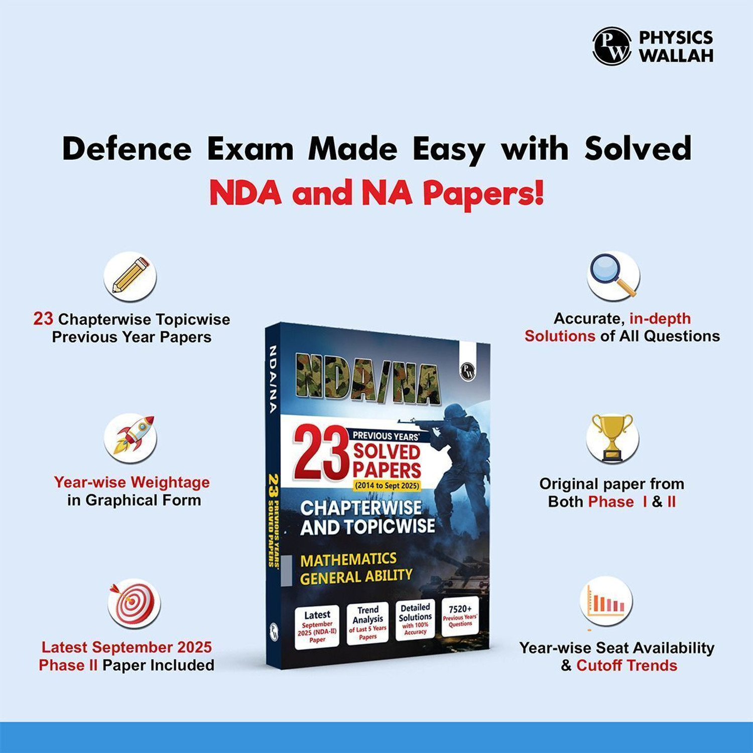 Image of PW NDA /NA 23 Previous Years Solved Papers (From 2014 to Sept 2025) For 2026 Exams - PW NDA /NA National Defence Academy & Naval Academy 23 Previous Years Solved Papers (2014 - Sept 2025) Chapterwise & Topicwise For Exam 2026
