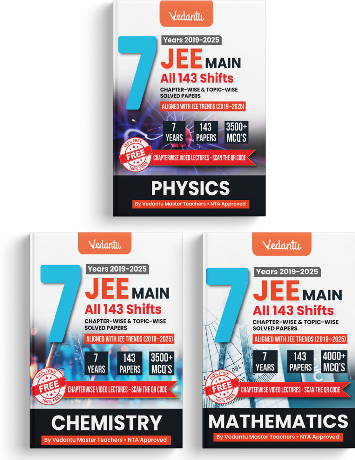 Image of Vedantu JEE Main Physics Chemistry Mathematics PYQ Book Set Of 3 - | 7 Years (2019-2025) Solved Papers | 143 Papers, 11000+ MCQs, Chapterwise & Topicwise Solutions | QR Codes for Video Lectures | JEE Exam Prep Book 2026