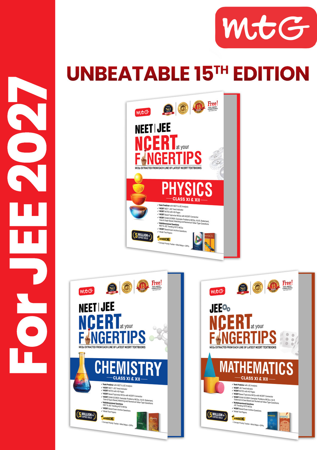 Image of MTG NCERT at your FINGERTIPS Physics, Chemistry & Mathematics For JEE Exam 2026-2027 (Set of 3 Books) | NCERT Exam Scorer, Concept Priority Tracker, HOTS MCQs, Mind Maps & DPP with HD Pages | 15th Edition (Based on JEE Pattern)