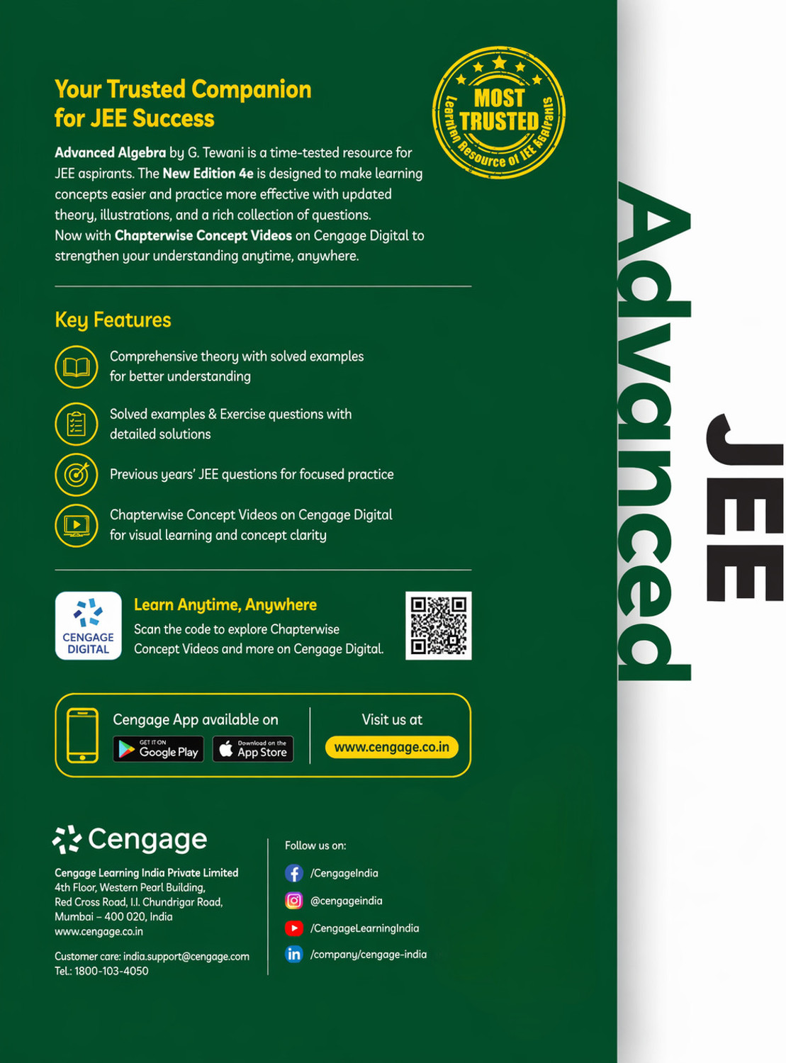 Image of Cengage JEE Advanced Algebra by G. Tewani | New Edition 4e | Exam Crack Series | Includes Chapterwise Concept Videos on Cengage Digital | Mathematics for JEE Main & Advanced - Cengage Algebra for JEE Advanced | New Edition (4e) | By G. Tewani | Complete Maths Algebra Book with Concept Videos | Exam Crack Series with 9522556828 Disc