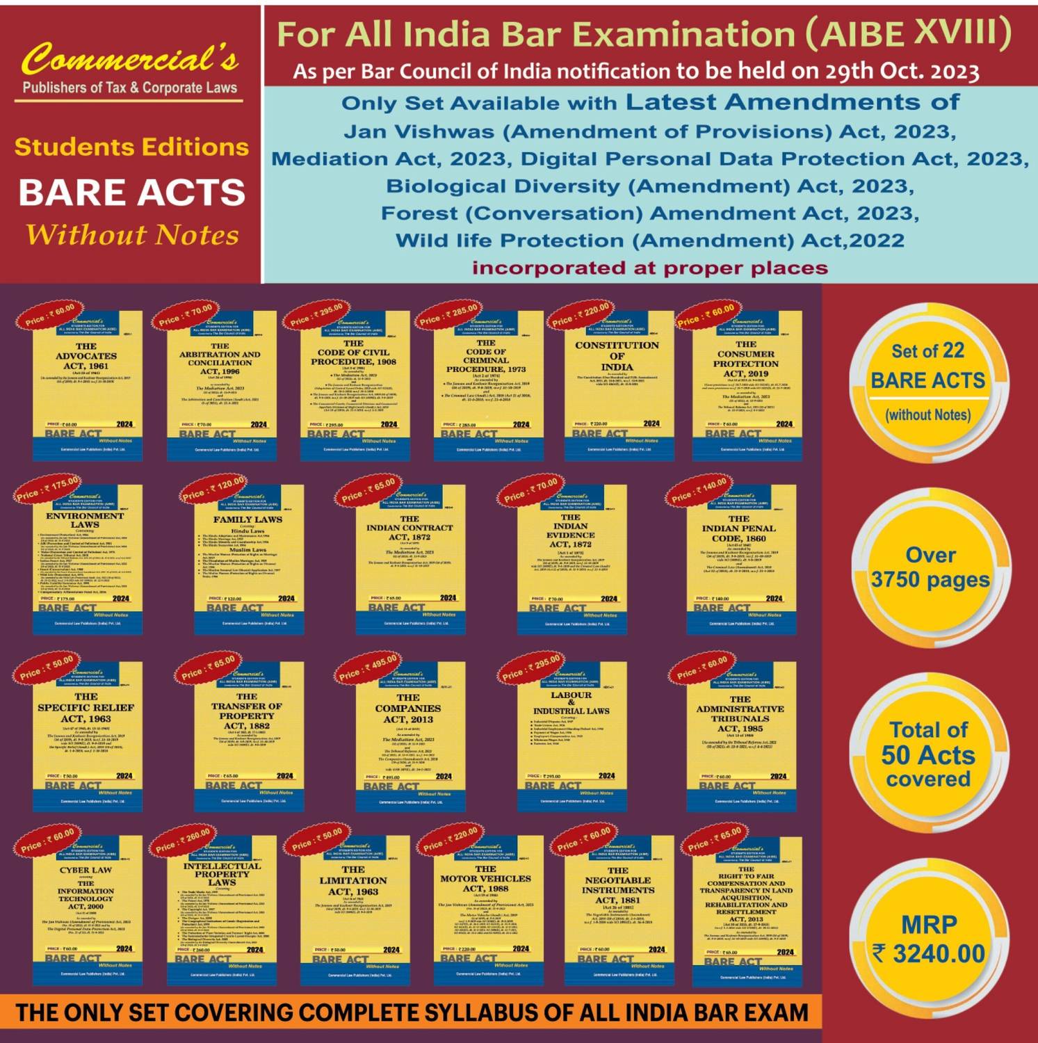 AIBE Bare Acts Combo without Notes 2023 EDITION- as per Bar Council of India Guidelines set of 20 Bare Acts covering 42 Acts COMPLETE SYLLABUS - LATEST 2023 EDITION Paperback