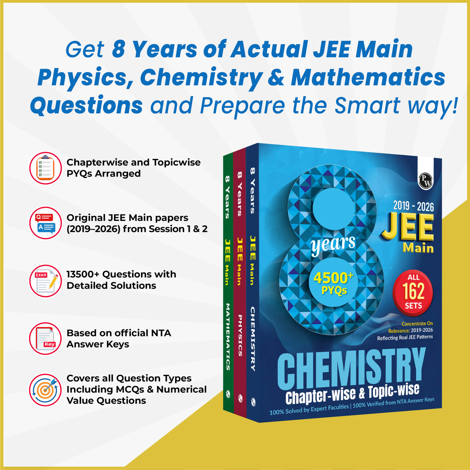 Image of PW JEE Main 8 Years (2019-2026) PYQs Physics, Chemistry, Maths