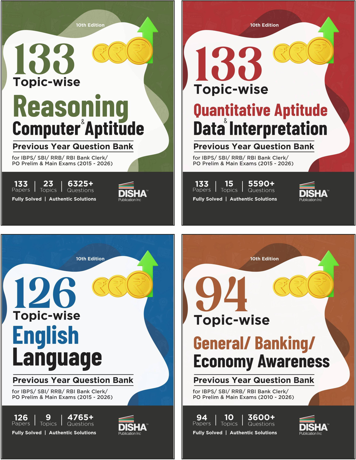 Image of Disha Combo (set of 4 Books) 138 Topic-wise Reasoning / Quantitative Aptitude / English / General Awareness Solved Papers for IBPS / SBI / RRB / RBI Bank Clerk / PO Prelim & Main Exams (2010 - 2026) 10th Edn