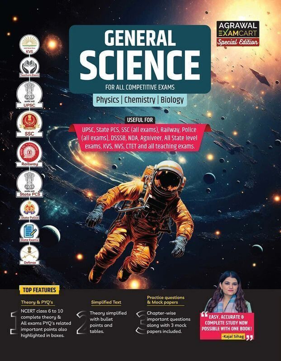Image of Examcart General Science Book By Kajal Sihag for All Competitive Exams 2026 | Complete Theory, PYQs, Mock Papers | For UPSC, PCS, SSC, Railway, NDA, Agniveer, CTET, KVS & Other Exams (English Medium)