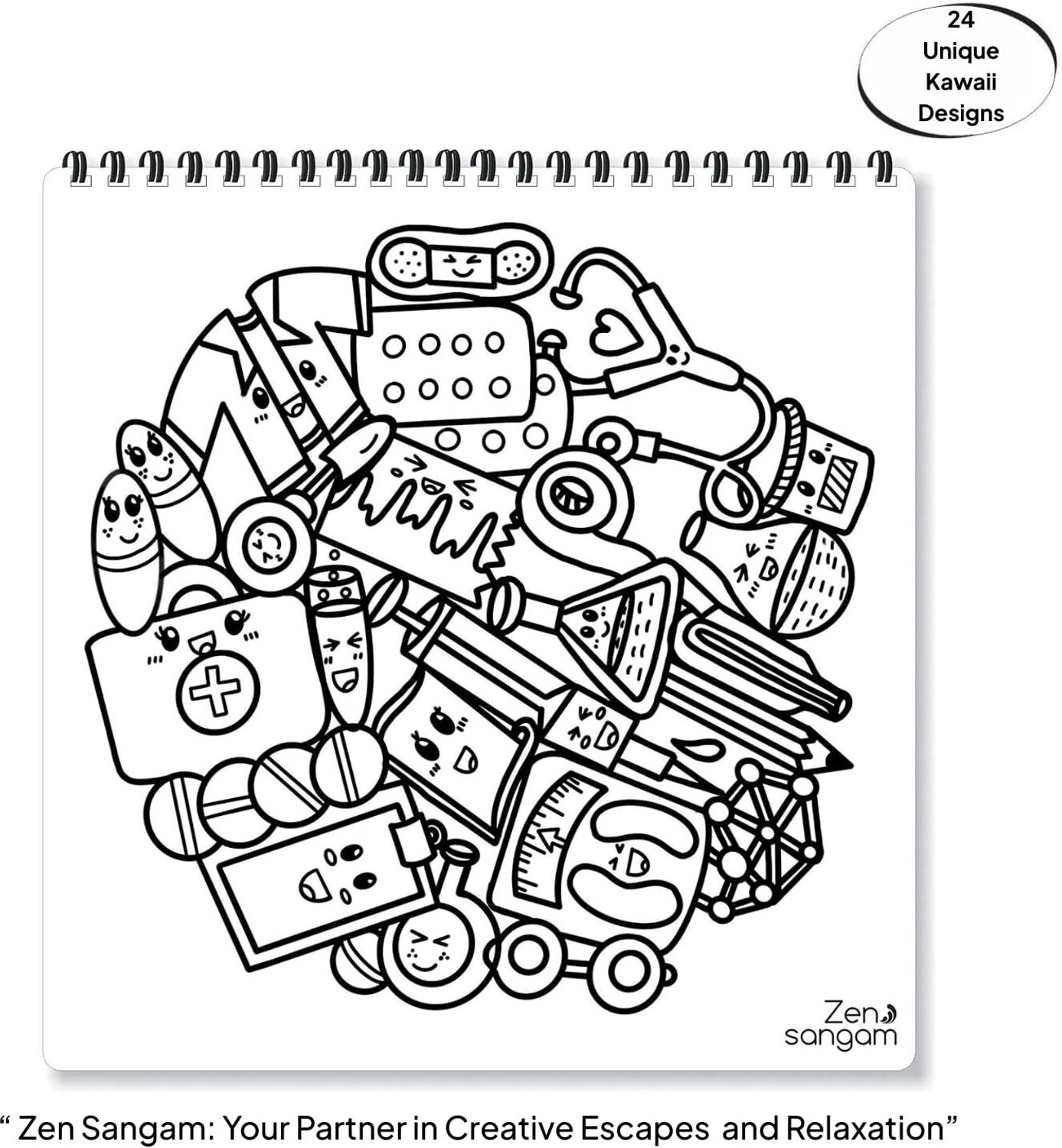 Image of Zen Sangam Cute Kawaii Doodles Colouring Book for Kids and Beginners a€ inch 24 Unique Daily Object Doodles