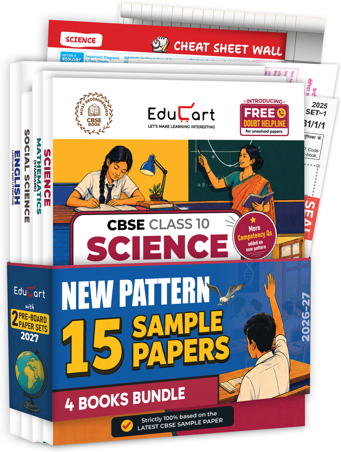 Image of Educart CBSE Sample Paper Class 10 2026-27 | Science, Mathematics, Social Science & English | 4 Books (with Topper-Style Solutions & Cheat Sheet Wall Chart for 2027 exam)