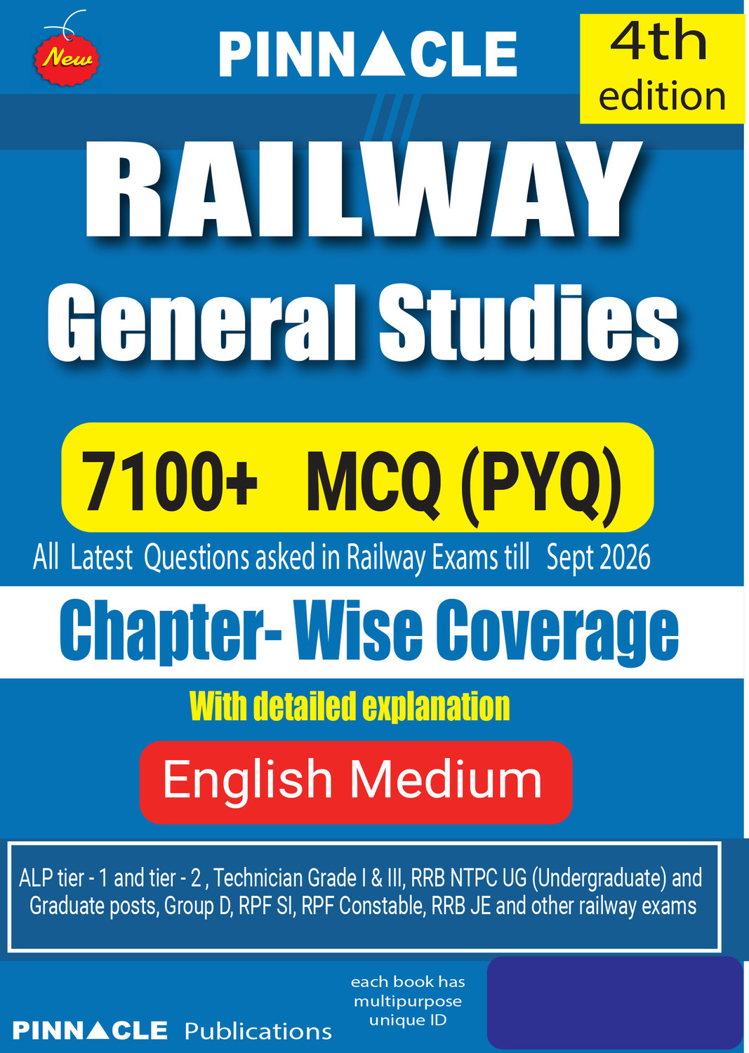 Image of PINNACLE PUBLICATIONS Railway General Studies book 2027 | 7100+ Chapterwise MCQs (PYQ) with Detailed Explanations | English Medium | 4th Edition | Updated till Sep 2026 (Paperback, Pinnacle Publications)