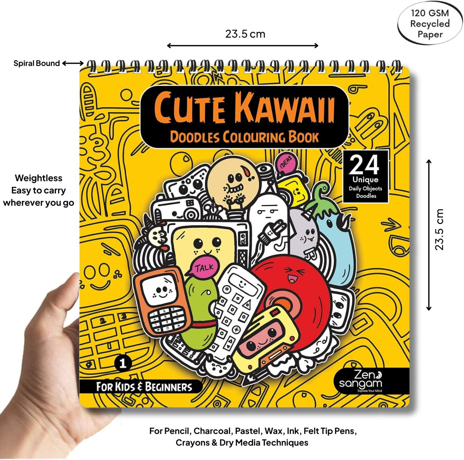 Image of Zen Sangam Cute Kawaii Doodles Colouring Book for Kids and Beginners a€ inch 24 Unique Daily Object Doodles