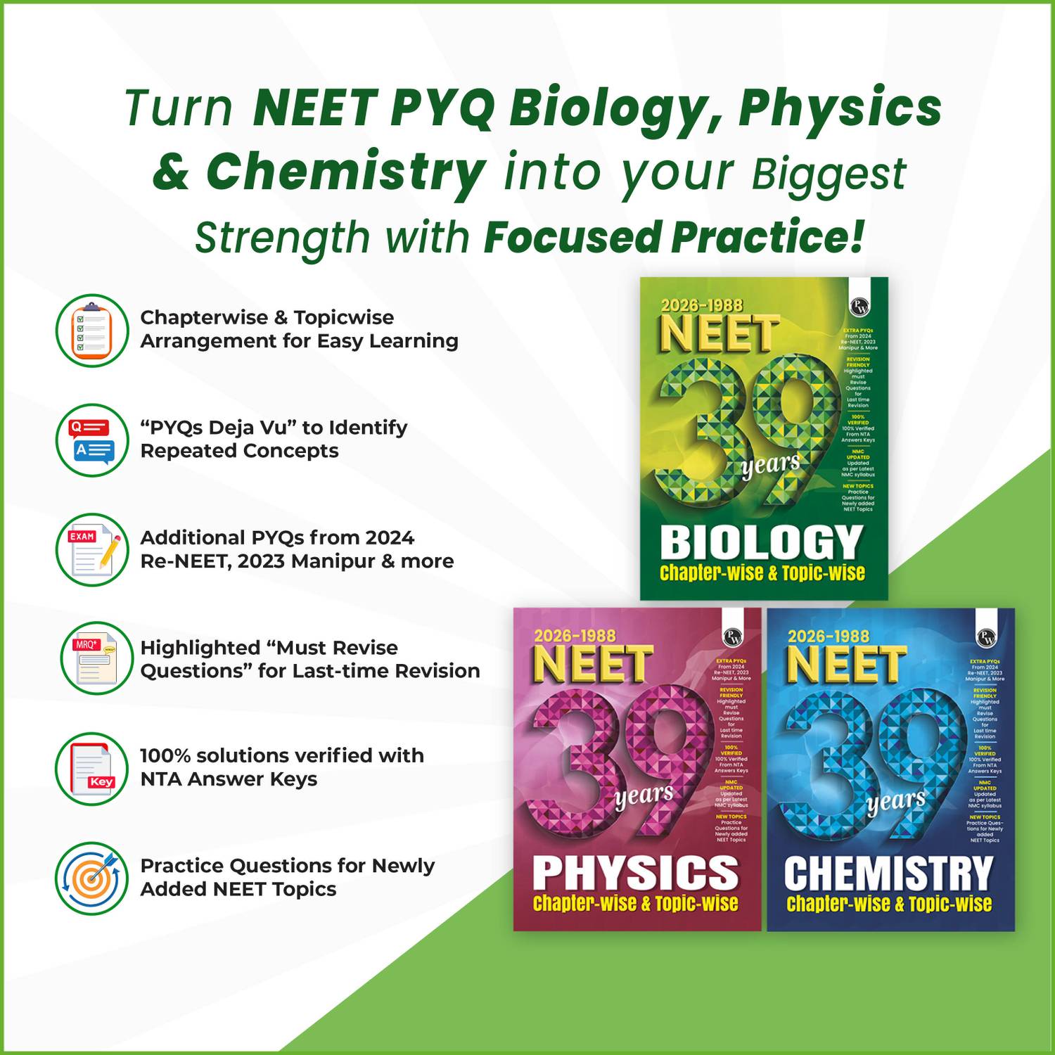 PW NEET PYQ 39 Years Physics, Chemistry, Biology Combo Set of 3 Books - Image 2