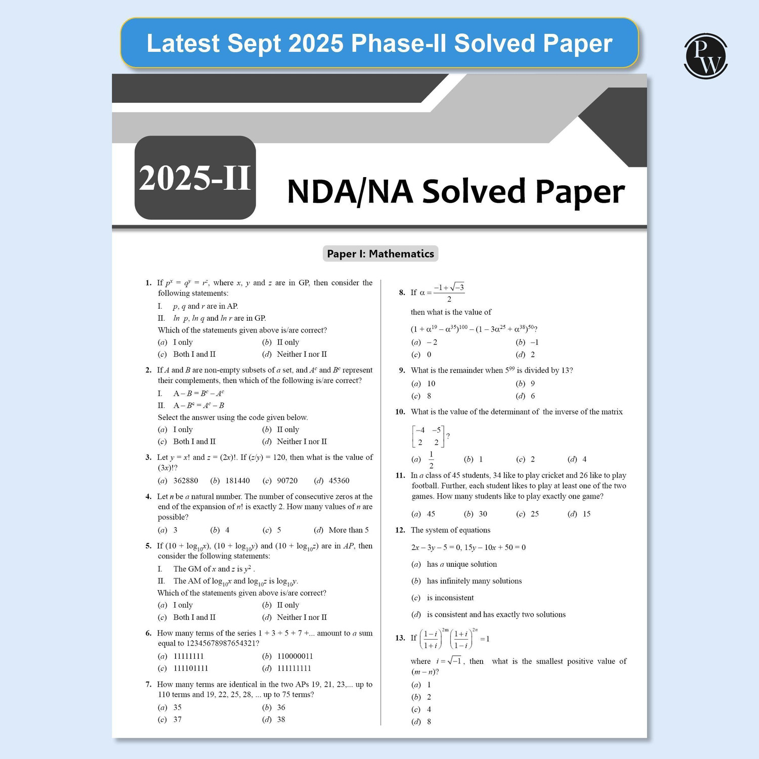 Image of PW NDA /NA 23 Previous Years Solved Papers (From 2014 to Sept 2025) For 2026 Exams - PW NDA /NA National Defence Academy & Naval Academy 23 Previous Years Solved Papers (2014 - Sept 2025) Chapterwise & Topicwise For Exam 2026