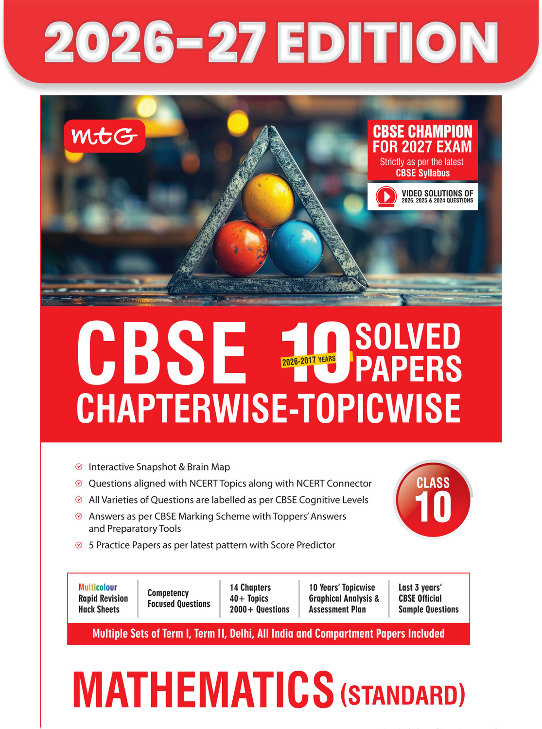 Image of MTG CBSE Class 10 PYQs Book | 10 Years (2026-2017) Chapterwise Topicwise Solved Papers Mathematics Standard - CBSE Champion For 2027 Exam